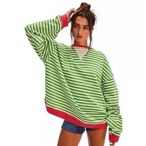 We the Free Classic Oversized Striped Crewneck  NWOT Size XS (fits XL) Grn/Pnk